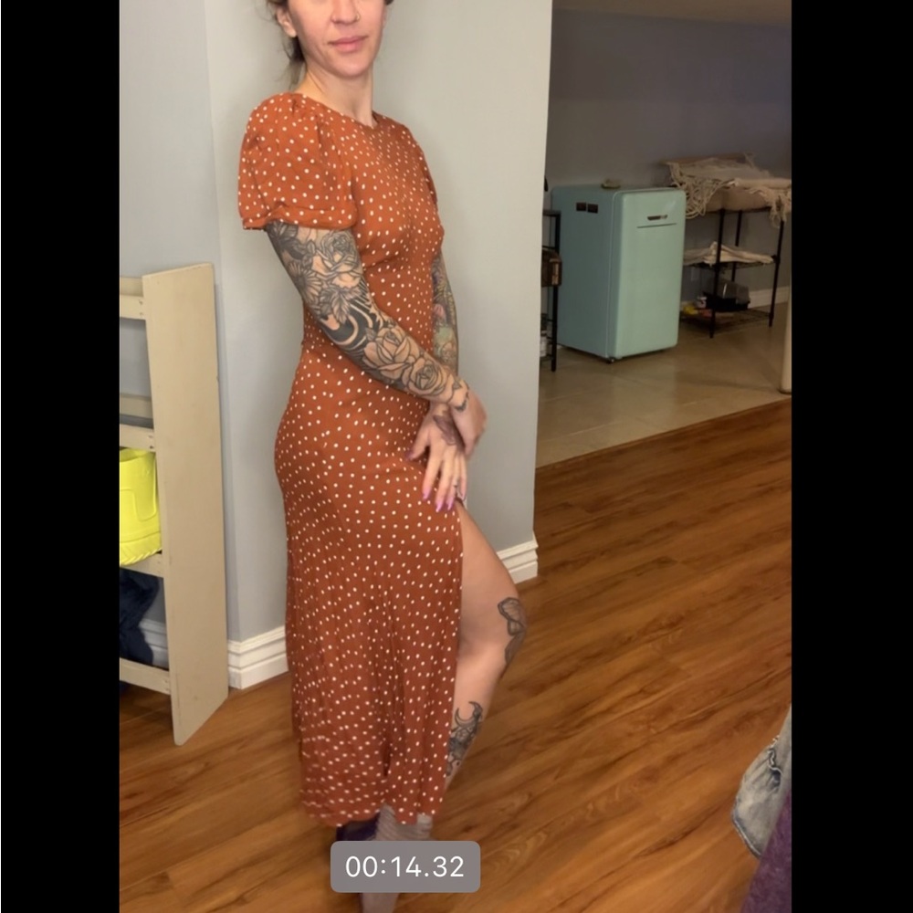 Free People Rust Polka Dot Maxi Dress with Side Slit